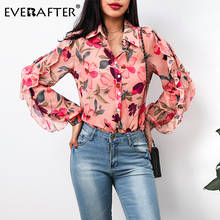 Everafter-blusa feminina vintage com babados, botão elegante, manga borboleta, estampa floral, camisa de chiffon, primavera, verão, camiseta casual 2024 - compre barato