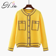 H.SA 2021 Women Sweater Cardigans Elegant Sweater Jacket O neck Pocket Knitwear Sweater Coat Yellow Knit Cardigans for Women 2024 - buy cheap