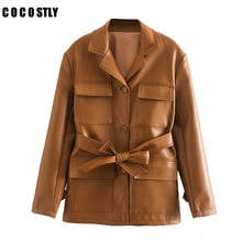 Jacket Vintage PU Leather Coat Turn Down Collar Jackets Women Elegant Pockets Long Sleeve Coats Female Ladies 2024 - buy cheap