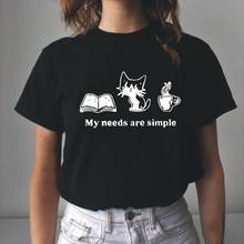 Funny BOOK CAT COFFEE My Needs Are Simple Woman Tshirts Summer Short Sleeve Tee Shirt Femme Casual Plus Size T Shirt Women Tops 2024 - buy cheap