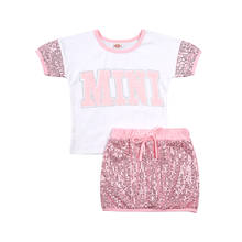 3-7Years  Baby Girls Clothes Set Letter Print Short Sleeve O-neck T-shirt + Mini Skirt with Sequins 2024 - buy cheap