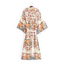 Vintage chique feminino multi floral impressão faixas quimono boêmio senhoras v pescoço batwing mangas boho maxi vestido robe 2024 - compre barato