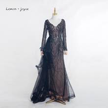 Lemon joyce Black Evening Dresses 2020 Sexy V-Neck Long Sleeve Mermaid Long Dress Illusion Beading Evening Gowns Plus Size 2024 - buy cheap