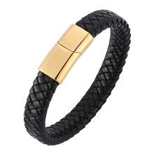 Fashion Men Bracelet Black Braided Leather Bracelet Gold Stainless Steel Magnetic Buckle Male Bracelet & Bangles Gift PD0229 2024 - buy cheap