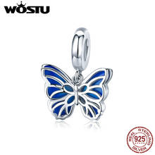 Wostuu auténtica Plata de Ley 925 colgantes de mariposa cuentas de esmalte azul ajuste Original pulsera DIY collar joyería CTC149 2024 - compra barato