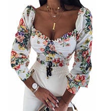 2021 Women's Sexy Blouse Elegant Long Puff Sleeve Square Neck Ruffle Trim Floral Print T-Shirt Spring Summer Fall 2024 - buy cheap