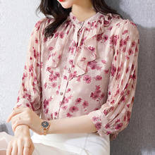 Blusa feminina manga comprida plissada, camisa feminina folgada estampa floral chiffon 2024 - compre barato