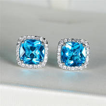 Cute Aqua Blue Zircon Square Stone Earrings For Women Wedding Jewelry Vintage Fashion Rainbow Crystal Silver Color Stud Earrings 2024 - buy cheap