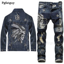 2020 European Style Men Sets  Embroidered Indian stretch denim Blue 2 Pieces Maching Set Jacket and Hole Jeans Mens Clohing 2024 - buy cheap