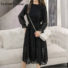 Black Vintage Clothes Spring Lady Long Chiffon Dress  New Korean Fashion Women Long Sleeved Autumn Polka Dot Pleated Dress 2024 - buy cheap