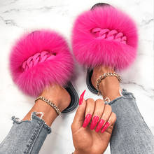 Real Fox Fur Slippers Fluffy Flip Flops Matte Chain Furry Fur Slides Plush House Slippers Women Beach Flat Sandals Ladies Shoes 2024 - buy cheap