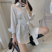 Blusas femininas com bolsos brancos estilo coreano, faixas de manga comprida com gola virada para baixo 2024 - compre barato