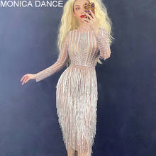 Women Sexy Stage Sparkly Rhinestone Pearl Fringes Dress Evening Birthday Party Dresses Sexy Tassel Stage Wear Dance Costume 2024 - buy cheap