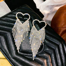USTAR Bling Long Tassel Heart Crystal Drop Earrings for Women Full Rhinestone Dangle Earring Party Statement Wedding Jewelry 2024 - buy cheap