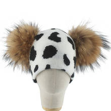 Chapéu touca de pompom estampa de vaca, gorro para mãe e crianças de pele verdadeira para bebês, meninos e meninas, gorro quente de malha 2024 - compre barato