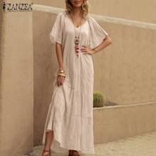 2021 Summer Solid Bohemian Dress ZANZEA Casual Ruffle Sundress Women V Neck Short Sleeve Maxi Vestidos Female Robe   2024 - buy cheap