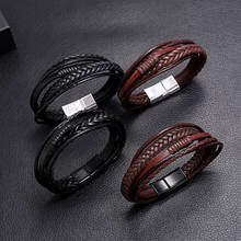 Pulseira masculina de couro trançado, bracelete com fecho magnético, múltiplas camadas, tendência 2024 - compre barato