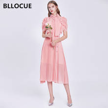 BLLOCUE 2020 Summer Designer Runway Chiffon Dress Women Stand Coll Puff Sleeve Party Dress Female Elegant Pleated Dress 2024 - buy cheap