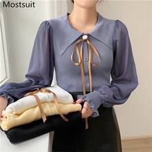 Knitted Patchwork Chiffon Blouses Shirts Women Full Sleeve Bow Collar Slim Fashion Tops Office Ladies Elegant Ladies Blusas 2021 2024 - buy cheap