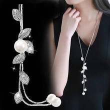 Simulated Pearl Crystal Leaf Necklaces for Women Silver Color Chain Long Necklace Pendant Jewelry Accessories Trendy 2021 2024 - buy cheap