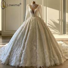 Dubai Luxury Heavy Beading  Champagne High Neck Wedding Dresses Muslim Long Sleeve Bridal Gowns Long Train Vestidos De Novia 2024 - buy cheap