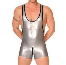 Cool metallic light silver men's latex leotard gummi men's bodysuit with black trims and attached crotch zipper to ass 2024 - buy cheap