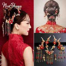 Niushuya acessórios de cabelo para casamento, acessório tradicional chinês com flor vermelha, presilha de cabelo para casamento, joia com borla 2024 - compre barato