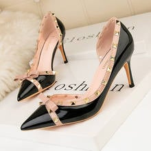 Black Shoes for Women Dress Pumps Thin Heels High Heels Rivet Butterfly-knot Shoes for Lady Stiletto Wedding Shoes Stiletto 2024 - buy cheap