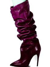 Женские высокие сапоги в складку из натуральной коровьей кожи; блестящие ботинки на высоком каблуке с острым носком без застежки; зимняя женская обувь для подиума 2024 - купить недорого