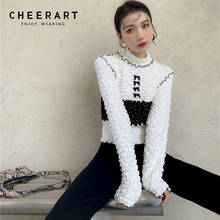 CHEERART 2021 Fashion White Turtleneck Womens Tops And Blouses Long Sleeve Patchwork Bow Texture Designer Ladies Knitted Top 2024 - buy cheap