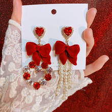 Elegant Korean Red Velvet Bowknot Asymmetric Long Drop Earrings For Women Fashion Crystal Heart Pendientes Jewelry 2024 - buy cheap