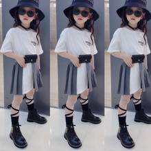 Girls Summer New Short Sleeve Tees + Skirts 2pcs Sets Children Letter Print Suits Kids Fashion Pleated Skirt Free Bags Ws1732 2024 - buy cheap