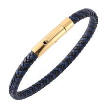 Pulseira de couro genuíno, pulseira da moda para mulheres e homens, punk, dourada, com fecho magnético de aço inoxidável, azul, preta, com corda 2024 - compre barato