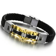 Pulseira masculina de couro, bracelete multicamadas de couro preto, com corrente, em aço inoxidável e dourado, moda bizantina 2024 - compre barato