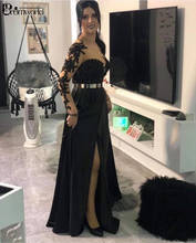 Vestido de noite elegante, preto, formal, 2021, ilusão, pescoço, manga comprida, com cinto dourado, sexy, fenda de cetim, vestido de baile 2024 - compre barato