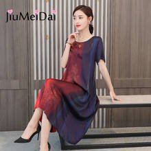 JiuMeiDai 2020 Summer Chinese Style Smooth Silk Dress Women's Elegant Print Long Dresses Female Retro Party Clothing Plus Size 2024 - buy cheap