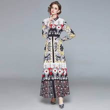 Vintage Long Sleeve Turn Down Collar Fit and Flare Swing Maxi Dress Autumn Winter Women Flower Print Elegant Party Long Dresses 2024 - buy cheap