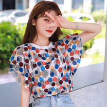 Primavera verão estilo feminino chiffon blusa camisa feminina o-pescoço impresso manga curta babados casual tops sp1342 2024 - compre barato