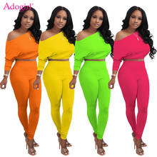Adogirl 2020 New Solid Fluorescent Color Two Piece Set Off Shoulder Long Sleeve Crop Top Elastic Waist Pants Women Tracksuit 2024 - buy cheap