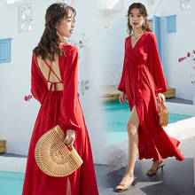 Vestido largo rojo con espalda descubierta para mujer, vestido largo elegante para fiesta de pasarela, vestido coreano Vintage de gasa Tropical para vacaciones en la playa 2020 2024 - compra barato