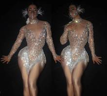 Body transparente con flecos de lentejuelas y diamantes de imitación plateados para mujer, traje de bailarina, traje de cantante de baile de graduación y celebración de cumpleaños 2024 - compra barato