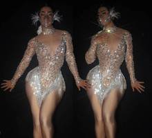 Silver Rhinestone Sequin Fringe Transparent Bodysuit Women Dancer Outfit Birthday Celebrate Prom Singer Outfit 2024 - buy cheap