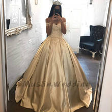 Princess Gold Evening Dress With Flowers Elegant Off The Shoulder Silk Satin Prom Dresses For Black Grils New Year Birthday Gown 2024 - buy cheap