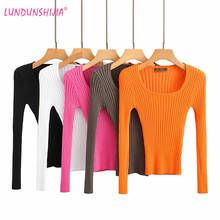 LUNDUNSHIJIA 2019 Spring Autumn Square Collar Long Sleeve Fluorescence Pullover Women Sexy Short Slim Knitting Tops 5 Colors 2024 - compre barato