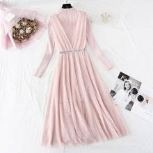 Vestido feminino de malha rosa, alta qualidade, outono inverno, elegante, manga longa + suspensórios, vestido de malha longo, duas peças 2024 - compre barato
