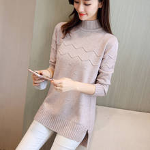 Suéter pulôver feminino de malha, camisola solta de gola alta, de meio comprimento, outono inverno 2021 2024 - compre barato