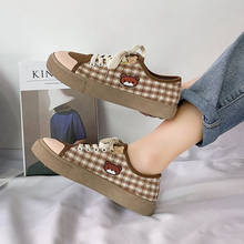 Cute Bear Plaid Canvas Shoes Women's New Casual Lace Up Running Sneakers Autumn Students Kawaii Brown Flat Low vulcanize shoes 2024 - buy cheap