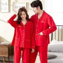 Pijamas de algodón puro para amantes, ropa de dormir roja festiva para boda, Top de manga larga y pantalones, para el hogar 2024 - compra barato
