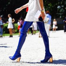 Promoção azul couro brilhante sobre o joelho botas transparentes salto largo apertado botas altas bico fino mulheres bota alta 2024 - compre barato