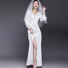 Kaunisina-vestidos de novia de satén para mujer, ropa elegante de manga larga con cuello en V, vestido de matrimonio largo, blanco, sencillo 2024 - compra barato